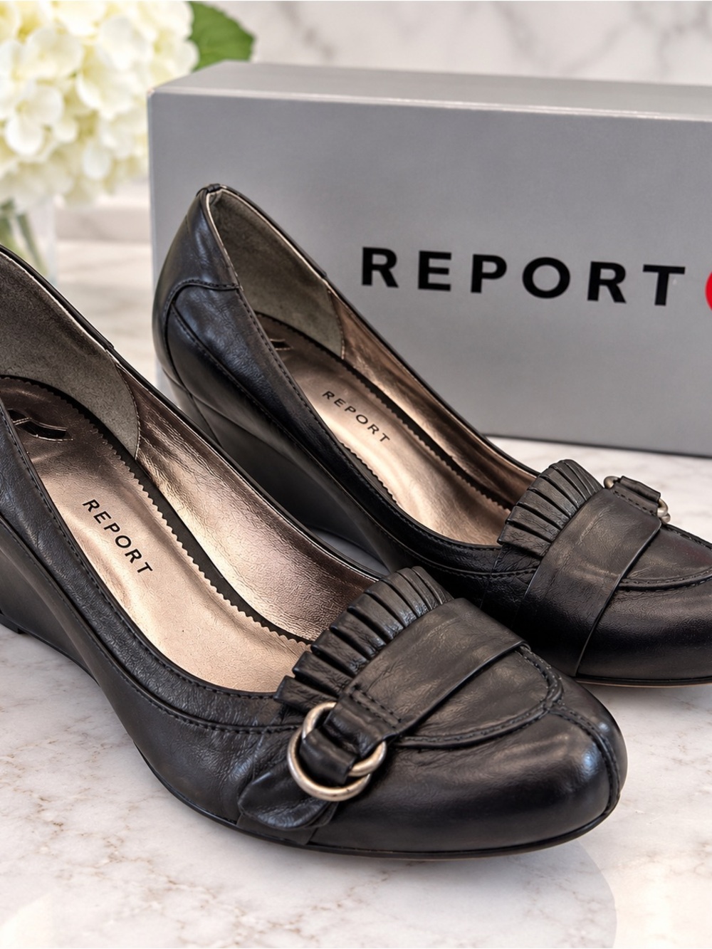 REPORT Black Leather Wedge Loafers with Buckle Detail